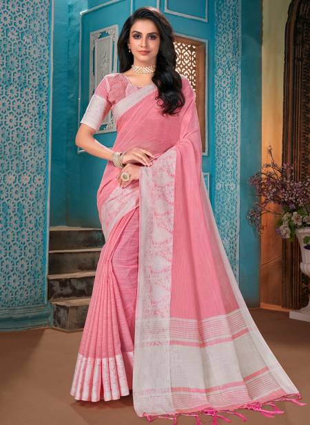 Pink ASHIKA HAKOBA Stylish Festive Wear Fancy Cotton Linen With Resham Border Designer Saree Collection H 07